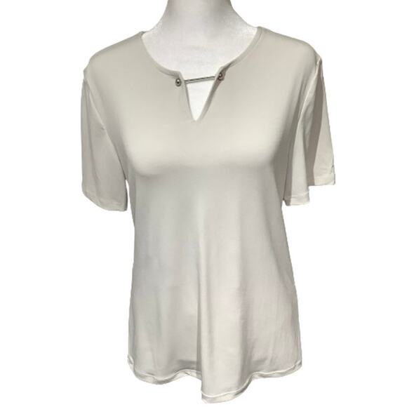 Carmen Marc Valvo Cream Short Sleeve Shirt MD Modern Minimalist Metal Accents - Picture 1 of 7